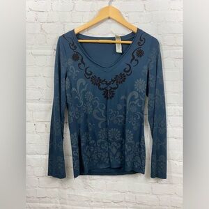 Stamp 10 Top Womens Size Medium Blue Black Burnout Velvet Long Sleeve Shirt